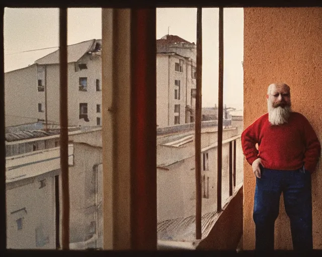 Image similar to lomo photo of 4 0 years russian man with beard and sweater standing on small hrushevka 9 th floor balcony full with cigarette smoke in small russian town looking at sunset, cinestill, bokeh