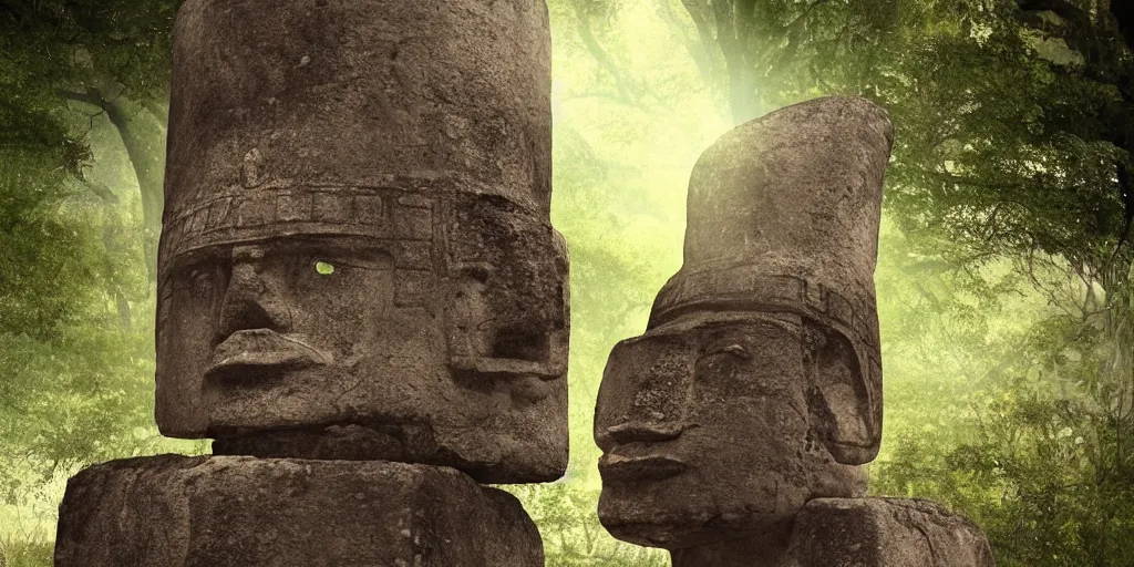 Image similar to olmec head statue on top of a column, at the center of a river delta in the amazon forest, dramatic landscape, volumetric light, digital art, trending on deviantart