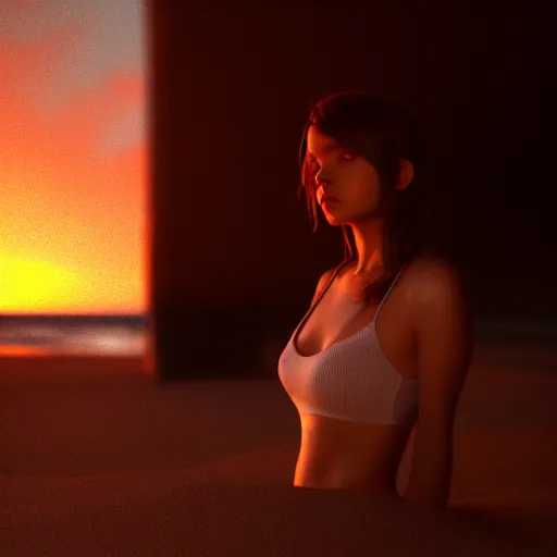 Prompt: a photorealistic hyperrealistic, girl on the beach, beautiful dynamic dramatic low - light moody lighting, cinematic atmosphere, artstation, concept design art, octane render, 8 k