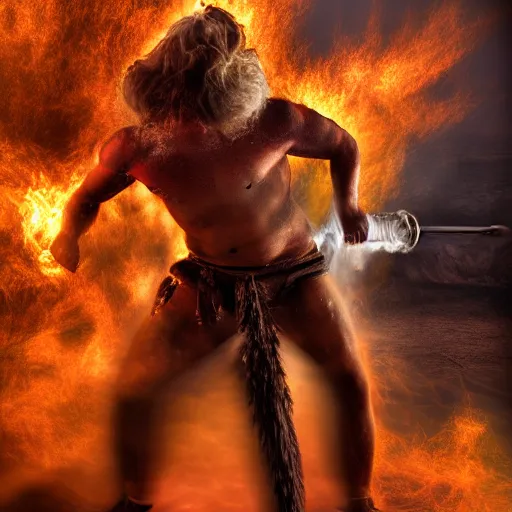 Prompt: a very strong blacksmith swinging his hammer he is made of psychedelic dust clouds dancing in the wind, hyper realistic, roaring fire, midday, realistic lighting, psychedelic dust, psychedelic dust, psychedelic dust, Very strong Blacksmith, photo realistic, 4k