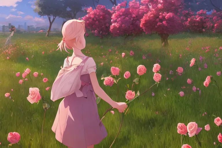 Prompt: girl picking flowers in a field of roses, scenic full shot, ambient lighting, detailed face, by makoto shinkai, stanley artgerm lau, wlop, rossdraws