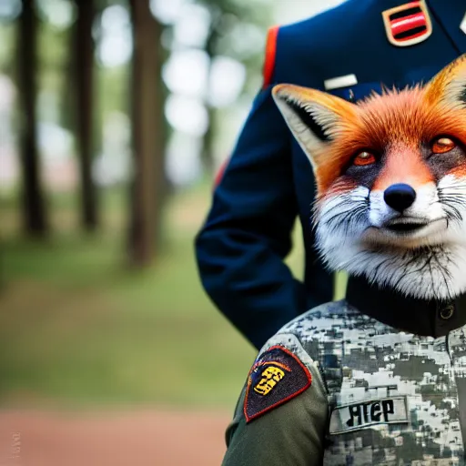 Prompt: Closeup of Fox dressed in a modern American soldier uniform, 85mm f/1.4