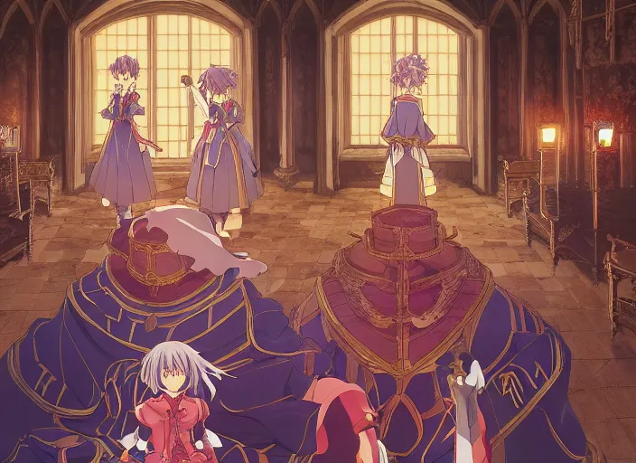 Image similar to key anime visual portrait of a castle's main hall interior with throne, servants, nobles, dynamic pose, dynamic perspective and angle, cinematic, film grain, designed by yoh yoshinari, detailed, intricate, at night, dramatic lighting, costumes by mika pikazo