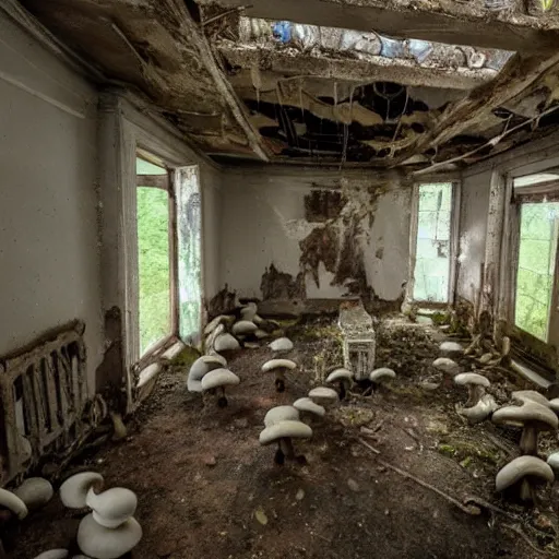 Image similar to a room in a creepy, dilapidated house filled with mushrooms and the decaying bodies of ancient warriors