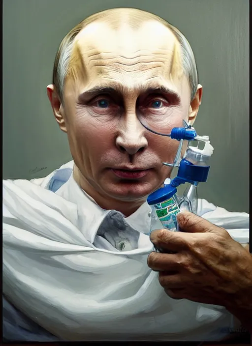 Prompt: a super very hyperrealistic oil painting of ill Vladimir Putin as a patient wearing an oxygen mask on a death bed inhaling from Copium tank that stand near his bed, visible face, by Laurie Greasley, Lawrence Alma-Tadema, Dan Mumford, artstation, deviantart, FAN ART, full of color, Digital painting, face enhance, highly detailed, 8K, octane, golden ratio, cinematic lighting