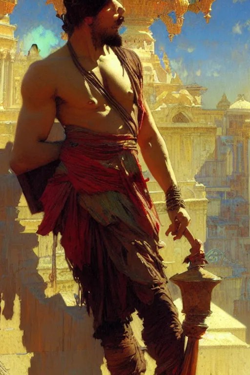 Prompt: attractive man, rome, cool colors, painting by gaston bussiere, craig mullins, greg rutkowski, alphonse mucha