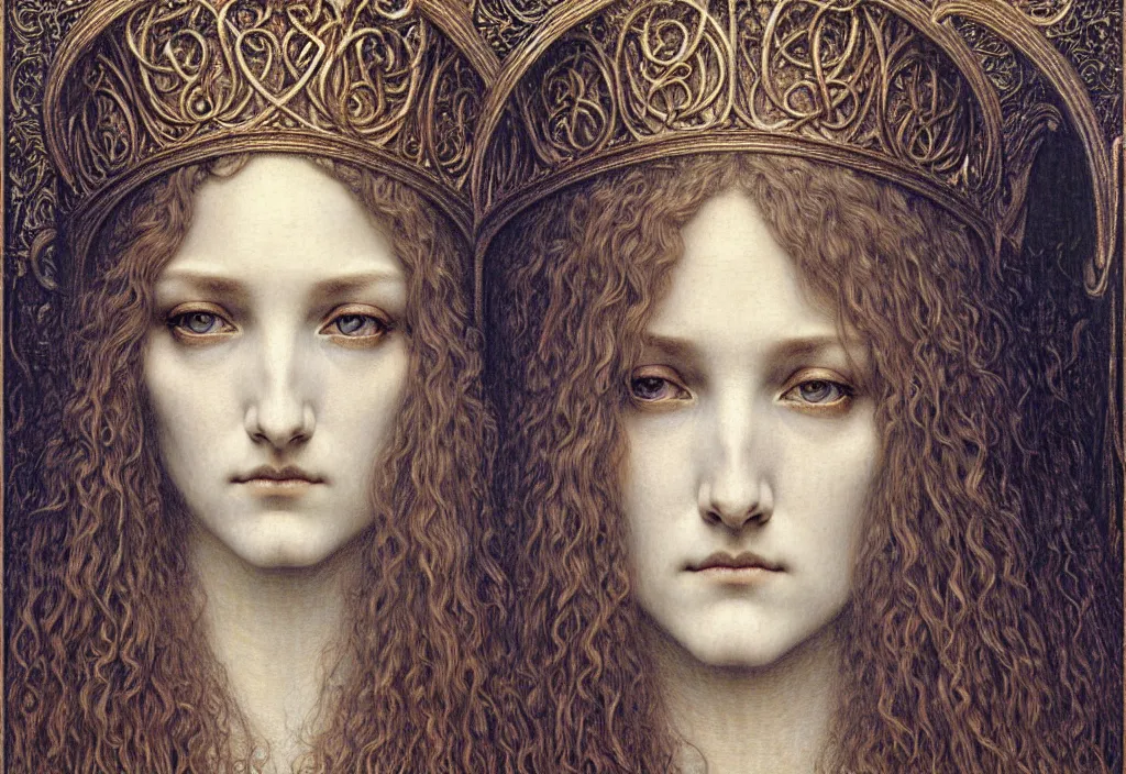 Image similar to detailed realistic beautiful young medieval queen face portrait by jean delville, gustave dore and marco mazzoni, art nouveau, symbolist, visionary, gothic, pre - raphaelite. horizontal symmetry