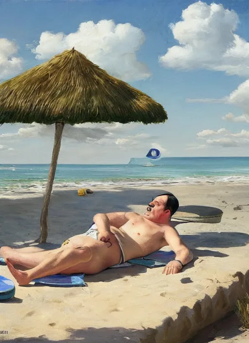 Image similar to adolf hitler sunbathing at a argentinian beach by vladimir volegov and alexander averin and peder mørk mønsted and ross tran and raphael lacoste