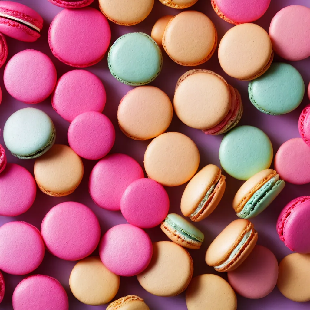 Image similar to top-down view of macarons on top of a pink surface, 8k, high detail, photorealistic, proper shading