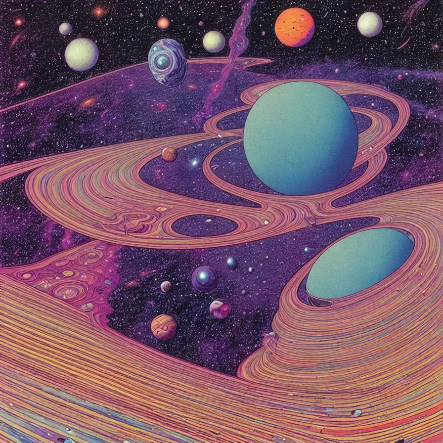 Prompt: the dimensional gap at the end of the galaxy by mœbius, overdetailed art, colorful, artistic record jacket design
