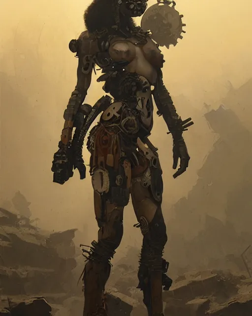 Image similar to hyper realistic photo of postapocalyptic tribal cyborg girl, full body, cinematic, artstation, cgsociety, greg rutkowski, james gurney, mignola, craig mullins, brom