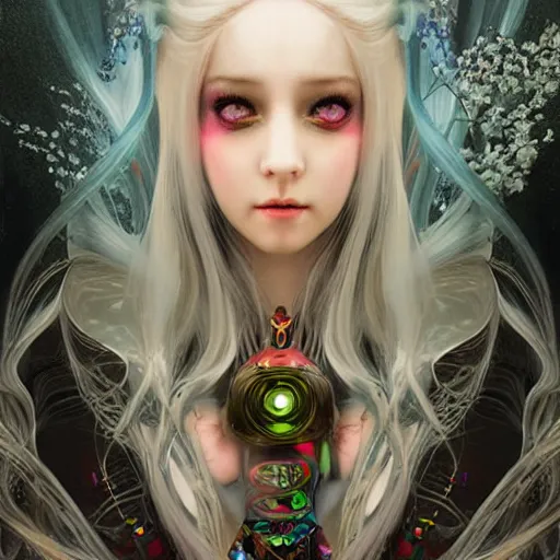 Image similar to A portrait of an ethereal, mysterious stunning maximalist mesmerizing elven girl with elf ears from the rainbow sky paradise in Tron: Legacy (2010), high-tech, Victorian gothic lolita fashion, highly detailed, very beautiful painting by artgerm and WLOP, inspired by Mark Ryden and Hiroyuki-Mitsume Takahashi