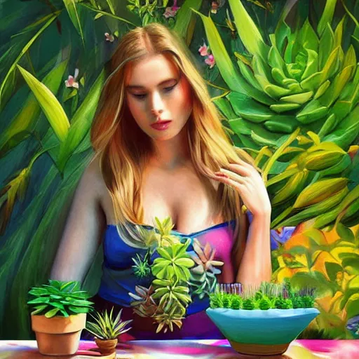 Prompt: painting by Artgerm of a beautiful blonde woman with shoulder length hair in a forest green dress putting colorful succulents into rainbow pots at a square table
