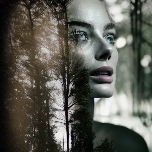 Prompt: double exposure photography of margot robbie in nature