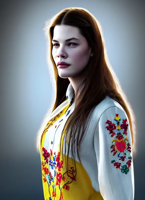 Image similar to young liv tyler, ukrainian national clothes, embroidered shirt, portrait of young woman, 8 k ultra realistic, lens flare, atmosphere, glow, detailed, intricate, full of colour, led lighting, 4 k, hyperrealistic, focused, extreme details, unreal engine 5, masterpiece