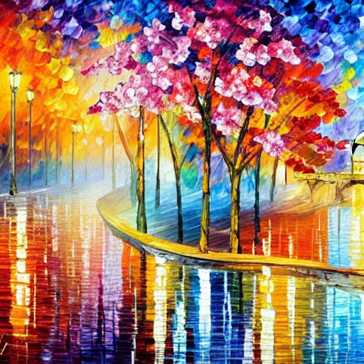 Prompt: the abstract painting of a panorama of shanghai full of sakura illustration by leonid afremov - n 4
