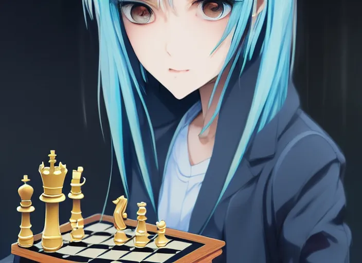 Prompt: rimuru playing chess, with gold eyes, sky blue straight hair, bangs, wearing a black jacket, high collar, concept art, award winning photography, digital painting, cinematic, by wlop, anime key visual, wlop, pixiv, 8 k, by ross tran, tom bagshaw, ilya kuvshinov,