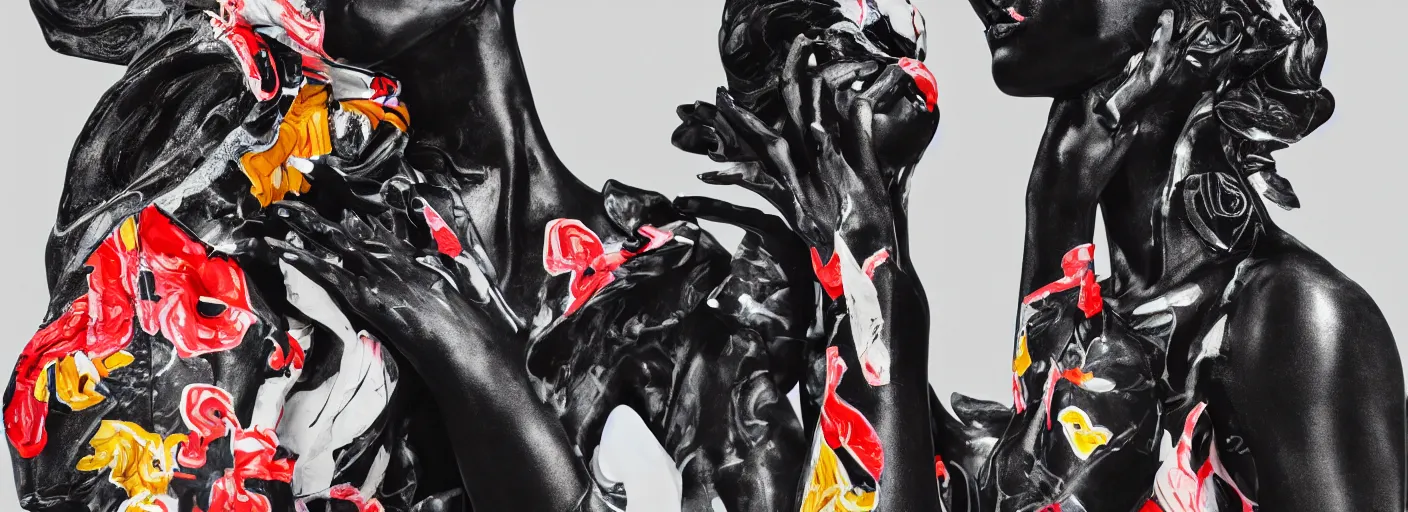 Image similar to black marble statue of a beautiful woman with colorful motocross logos in the style of virgil abloh, very very beautiful, detailed, off white, heron preston, 8 k, 4 k, detailed, beautiful, symmetrical, vogue, editorial, fashion, magazine, model