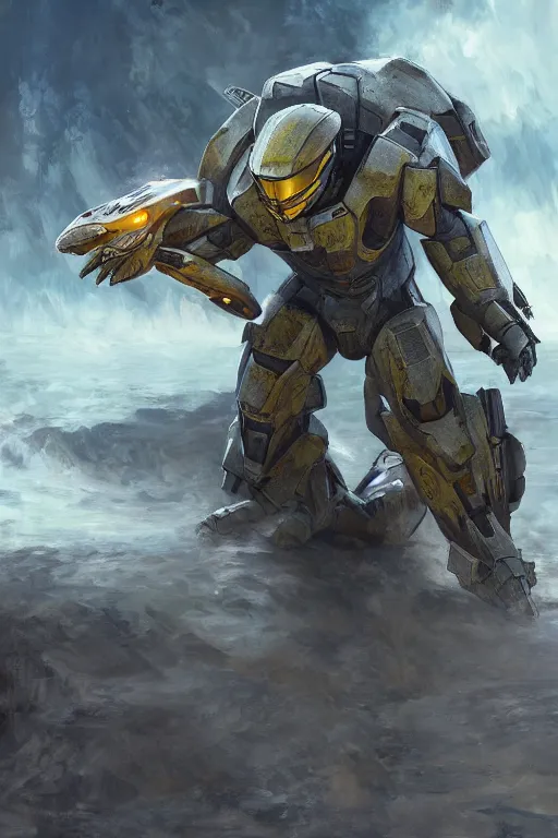 Image similar to sandslash pokemon playing as master chief, oil on canvas, intricate, 8 k highly professionally detailed, hdr, cgsociety