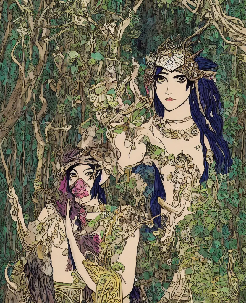 Image similar to portrait of Princess Mononoke wearing her mask, lush forest landscape, style of Art Nouveau, gems and gold, waterfalls, denoised, sharp,