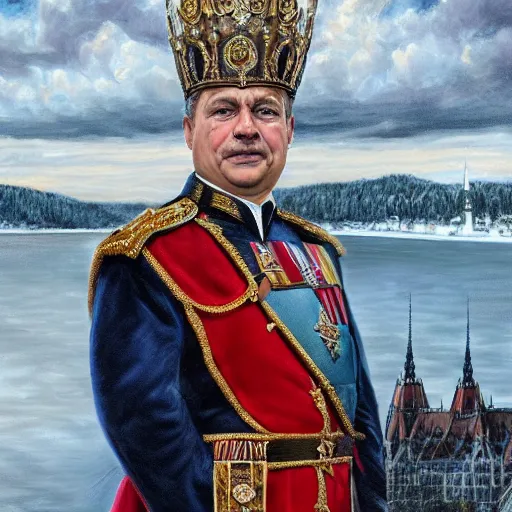 Prompt: an extremely realistic portrait depicting the coronation of hungarian prime minister viktor orban dressed in royal national costume, on the frozen danube, detailed, intricate, elegant, fat, highly detailed, digital painting, artstation, concept art, smooth, sharp focus, illustration,