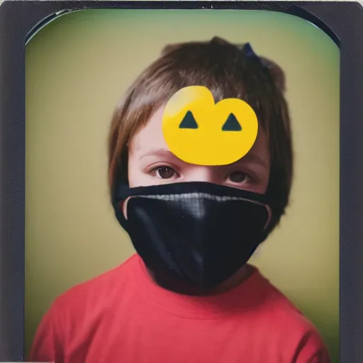 Prompt: polaroid photo of a kid on halloween wearing an emoji mask