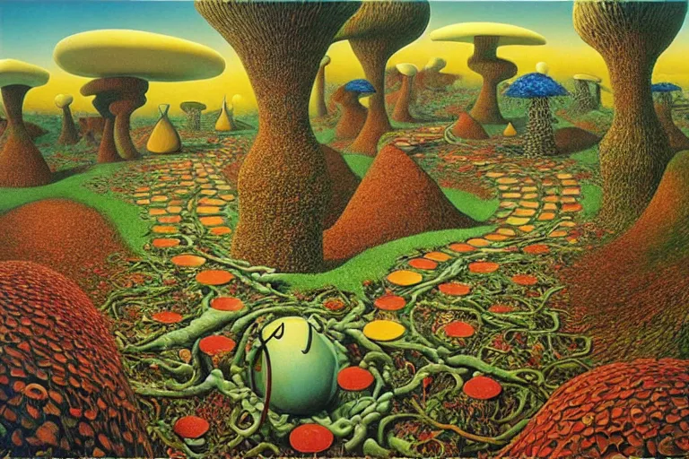 Image similar to the path less taken with mushrooms by jacek yerka, roger dean and salvadore dali
