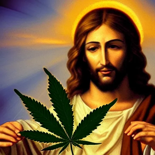 Image similar to Jesus holding a cannabis leaf