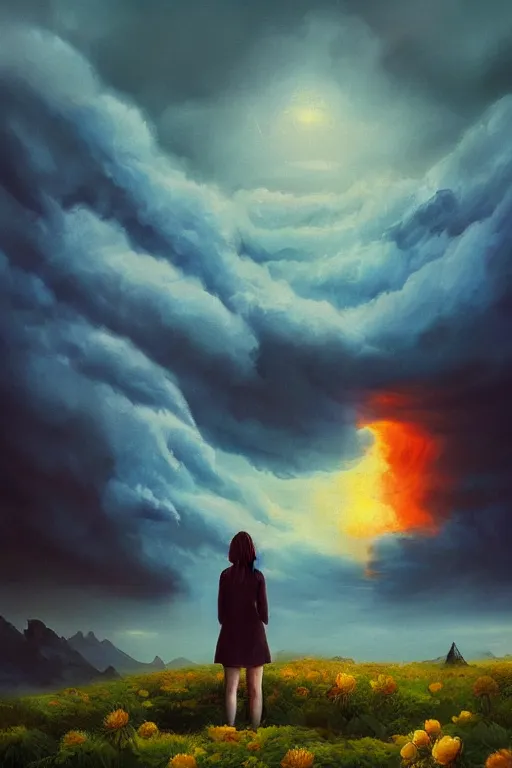 Image similar to closeup giant dahlia flower over the face, girl standing on mountain, surreal photography, blue storm clouds, dramatic light, impressionist painting, digital painting, artstation, simon stalenhag