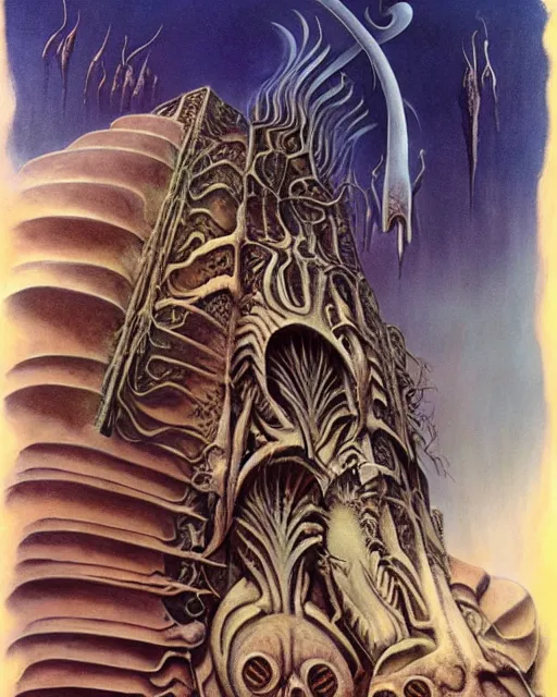 Image similar to artwork by hr giger, by roger dean, by julie bell
