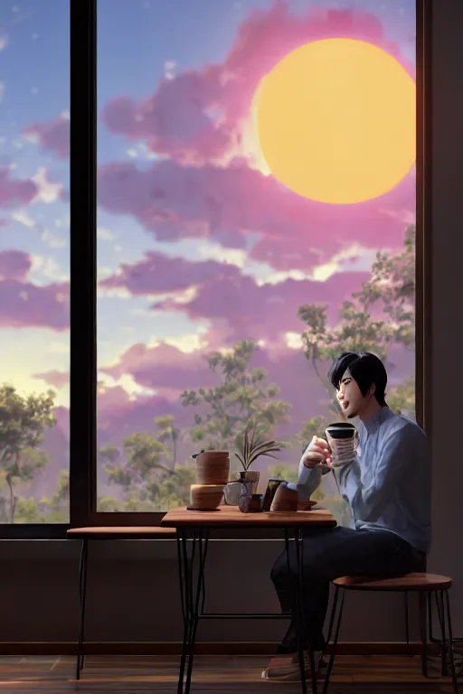 Prompt: a man sitting on a café table mext to a window and holding a cup of coffee at sunset, anime style, Pixar style, black hair, 4K, cartoon, concept art, octane render, unreal engine 5, path tracing, complementary colours, serene scene, warm, cute, natural lighting, high quality, highly detailed, high coherence, defined face, five fingers, anatomically correct, soft lighting, close view