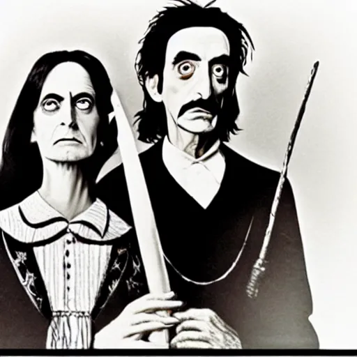 Image similar to alice cooper and salvador dali in in the style of american gothic