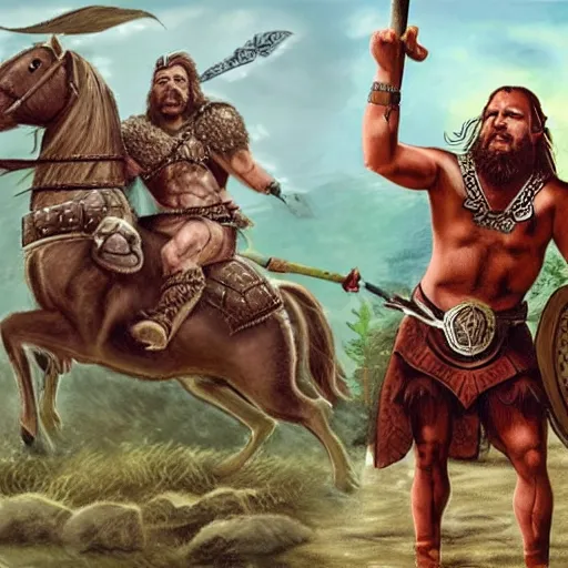 Image similar to Alex Jones as an ancient barbarian king, riding a horse into battle with an axe