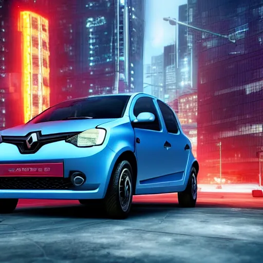 Image similar to octane render of new cyberpunk version of Renault sandero from 2077 in the city of future