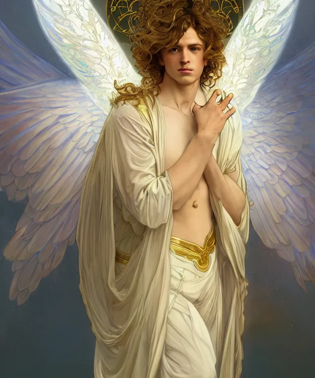 Image similar to fullbody symmetrical portrait of a beautiful young fit male angel with curly blond hairs, full dressed in long fluent clothes, majestic big dove wings, luminous halo, by greg rutkowski and alphonse mucha, gradient white to gold, in front of an iridescent background, highly detailed portrait, digital painting, artstation, concept art, smooth, sharp focus illustration