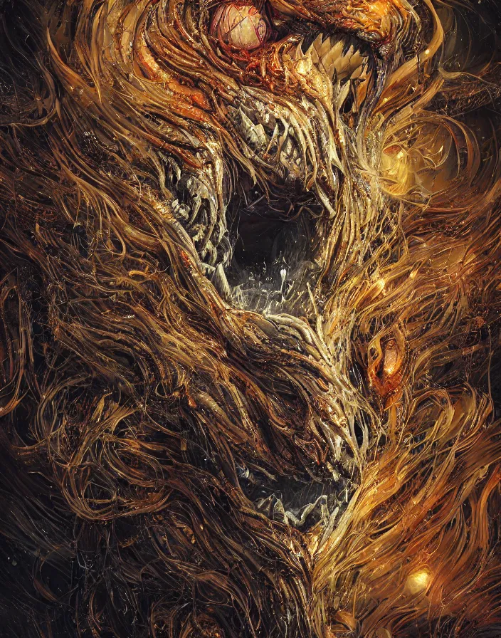 Image similar to portrait of a horrific monster. thousands of teeth. burning water distortions. intricate abstract. intricate artwork. by Tooth Wu, wlop, beeple, dan mumford. octane render, trending on artstation, greg rutkowski very coherent symmetrical artwork. cinematic, hyper realism, high detail, octane render, 8k, depth of field, bokeh. iridescent accents