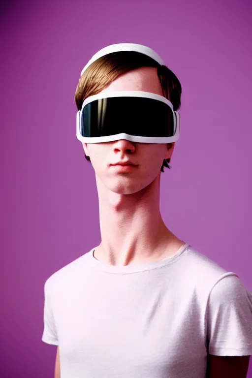 Prompt: a high definition film photograph of a normal androgynous robot human wearing a plain white t - shirt, in a pastel pink room. happy. sci - fi visor covering eyes. crushed shadows.