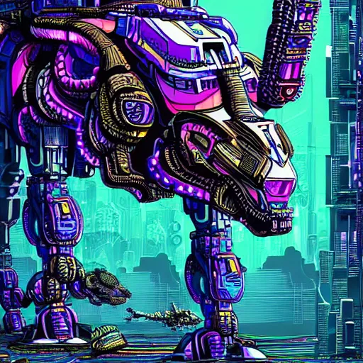 Image similar to beautiful detailed comic illustration, psychedelic fractals made of mecha dinosaurs, cyberpunk, neon