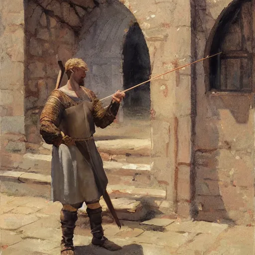 Prompt: portrait of man in medieval clothes aiming a bow by craig mullins, greg manchess, bernie fuchs, walter everett, lost edges