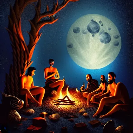 Image similar to strange mythical beasts of sitting around a fire under a full moon, surreal dark uncanny painting by ronny khalil