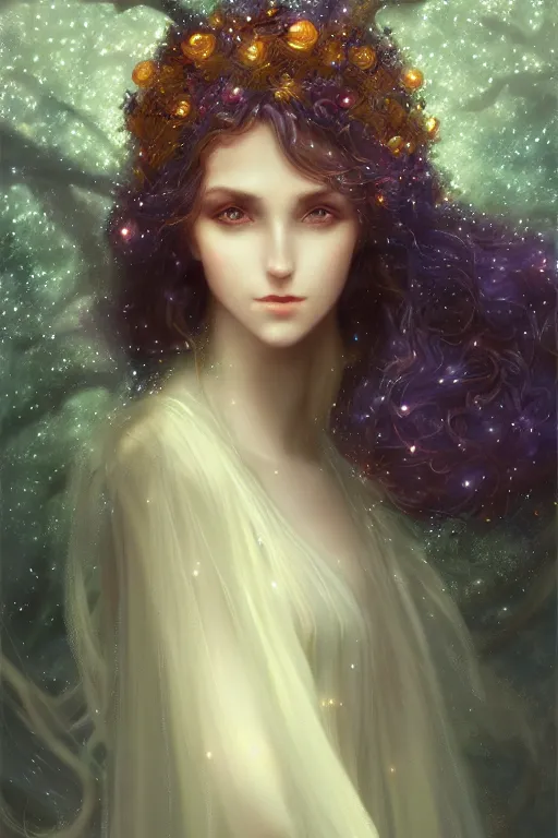 Image similar to Nocturne, glowing, stars, beautiful sly dryad, long blonde hair, highly detailed, mysterious, ethereal, autumn colored medieval gown, haute couture, illustration, dramatic lighting, soft details, painting, by Edmund Blair Leighton, Brom, Charlie Bowater, trending on artstation, faces by otto schmidt