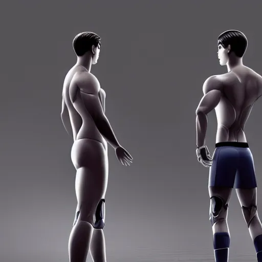 Image similar to a realistic detailed photo of a guy who is an attractive humanoid who is half robot and half humanoid, who is a male android, attractive and handsome soccer players, shiny skin, posing like a statue, blank stare, in a factory, on display, showing off his muscles, wearing soccer shorts, side view, looking at each other mindlessly