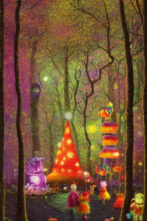 Prompt: a matte digital painting of a candy forest at night, bokeh, bright colours, watercolor, volumetric wool felting, macro photography, children illustration, by john atkinson grimshaw and lisa frank