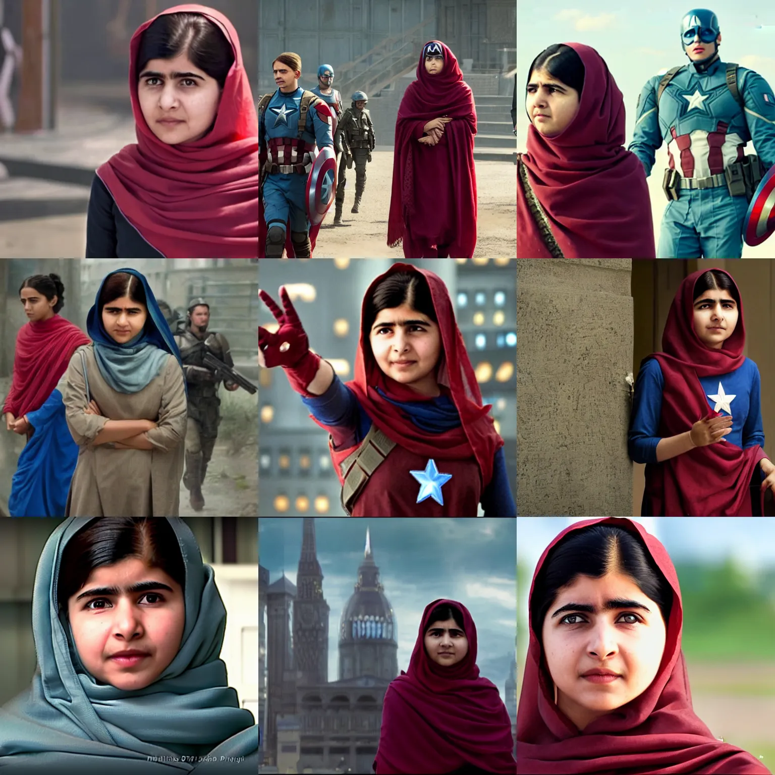 Prompt: Malala Yousafzai as Captain America, film still from The Avengers, high quality, 4k, award winning