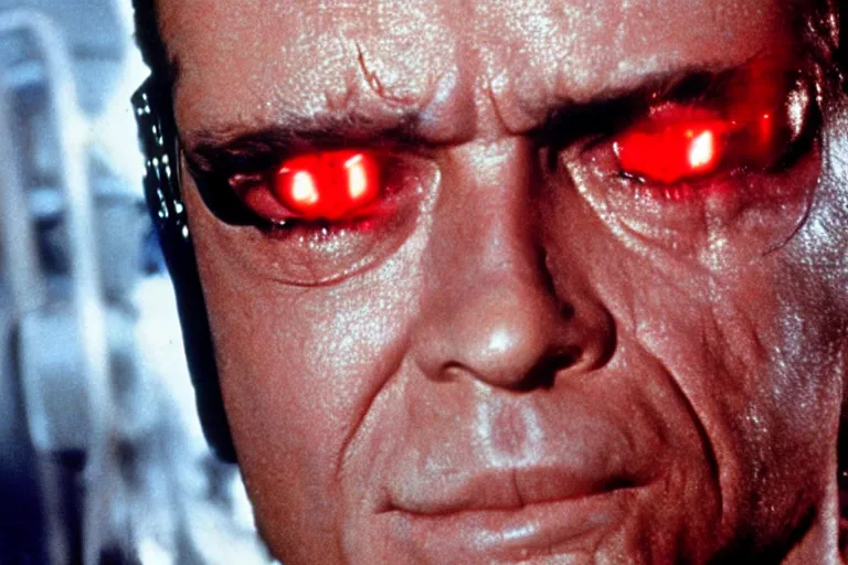 Image similar to Jack Nicholson plays Terminator, his eye glow red, still from the film