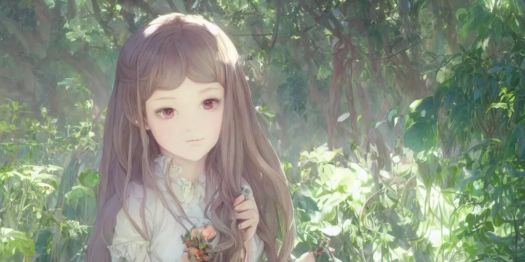 Image similar to a digital art of a loli with long hair in a dress in the privet garden at after noon, green and warm theme, by krenz cushart and mucha and akihito yoshida and greg rutkowski and makoto shinkai, detailed eyes, 4 k resolution 、 trending on art station