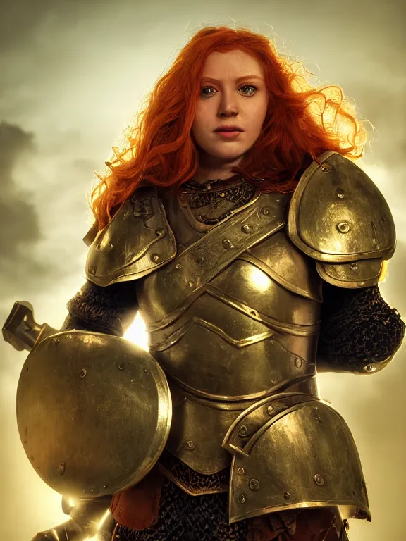 Image similar to dwarven woman, ginger hair, green eyes, holding hammer and shield with plate armour ultra realistic , lens flare, atmosphere, glow, detailed,intricate, full of colour, cinematic lighting, trending on artstation, 4k, hyperrealistic, focused, extreme details,unreal engine 5, cinematic, masterpiece