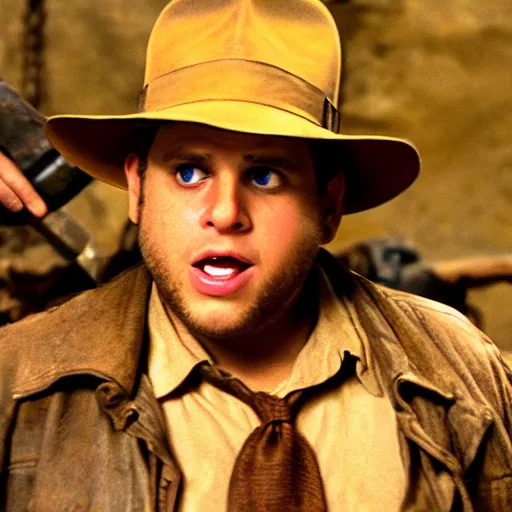 Image similar to Jonah Hill as indiana jones in raiders of the lost ark, 8k resolution, full HD, cinematic lighting, award winning, anatomically correct