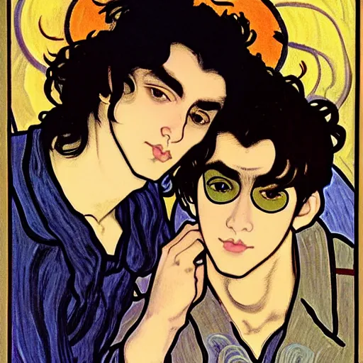 Image similar to painting of young cute handsome beautiful dark medium wavy hair man in his 2 0 s named shadow taehyung and cute handsome beautiful min - jun together at the halloween party, bubbling cauldron, candles, smoke, tarot, autumn colors, elegant, stylized, soft facial features, delicate facial features, art by alphonse mucha, vincent van gogh, egon schiele