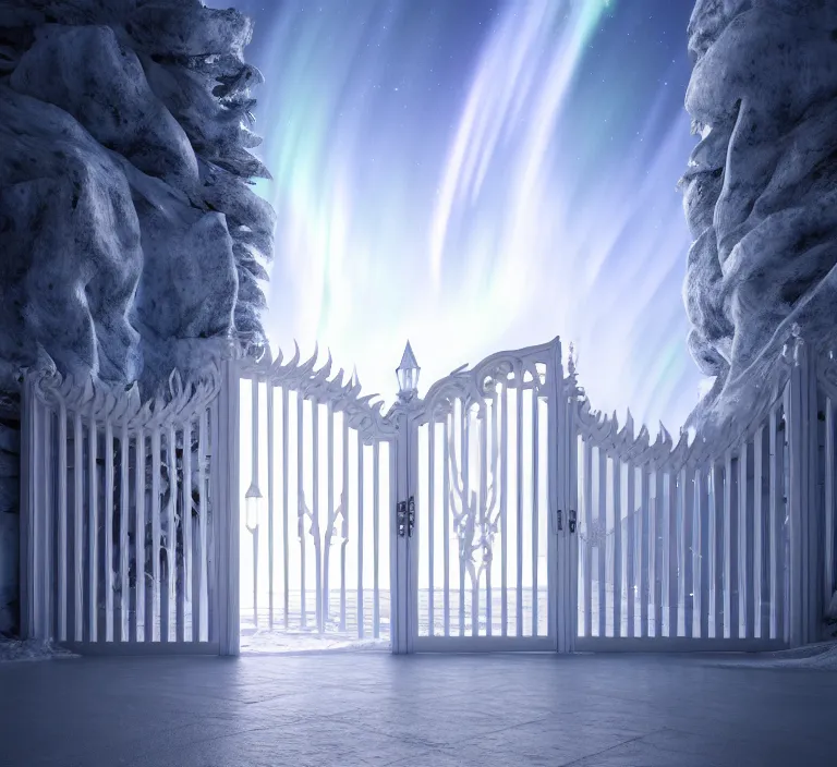 Image similar to a very detailed concept art of intricate and scandinavian white gates to aurora borealis, trending on artstation, symmetry, digital art, 4 k, hyper realistic, octane render, sharp focus